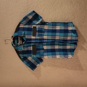 Men's Blue Plaid Double pocket button up shirt